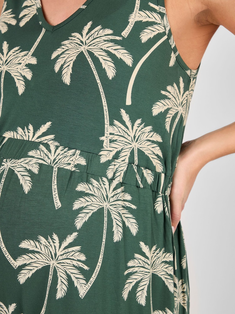 JoJo Maman Bébé Khaki Maternity Palm Print Wide Leg Jersey Jumpsuit - Image 4 of 4