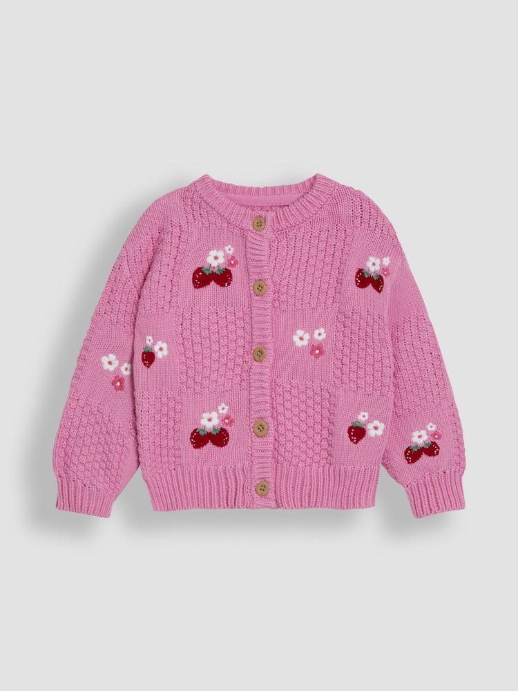JoJo Maman Bébé Pink Strawberry Embroidered 100% Cotton Cardigan - Image 2 of 4