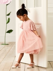 JoJo Maman Bébé Pink Embroidered Lace Scallop Sleeve Flower Print Girl Dress - Image 1 of 8