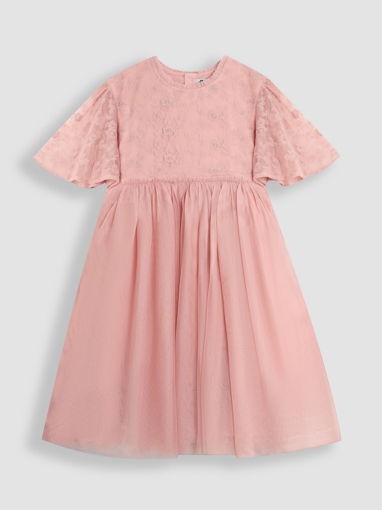 JoJo Maman Bébé Pink Embroidered Lace Scallop Sleeve Flower Print Girl Dress - Image 1 of 8