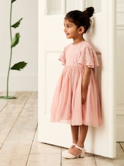 JoJo Maman Bébé Pink Embroidered Lace Scallop Sleeve Flower Print Girl Dress - Image 3 of 8