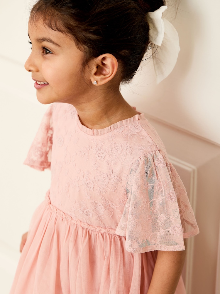 Rochie pentru fete JoJo Maman Bébé cu broderie de dantelă, mâneci cu margine ondulată și imprimeu floral - Image 4 of 8
