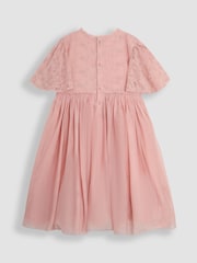 JoJo Maman Bébé Pink Embroidered Lace Scallop Sleeve Flower Print Girl Dress - Image 6 of 8