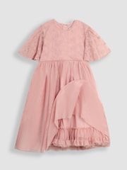 JoJo Maman Bébé Pink Embroidered Lace Scallop Sleeve Flower Print Girl Dress - Image 7 of 8
