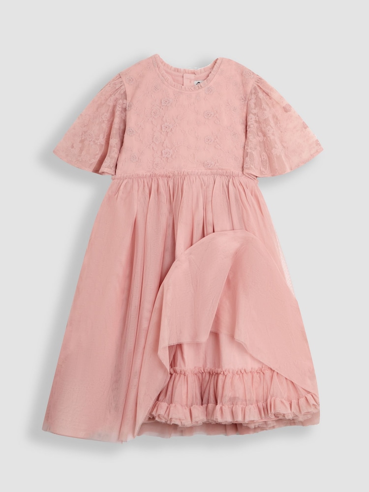 Rochie pentru fete JoJo Maman Bébé cu broderie de dantelă, mâneci cu margine ondulată și imprimeu floral - Image 7 of 8