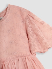 JoJo Maman Bébé Pink Embroidered Lace Scallop Sleeve Flower Print Girl Dress - Image 8 of 8