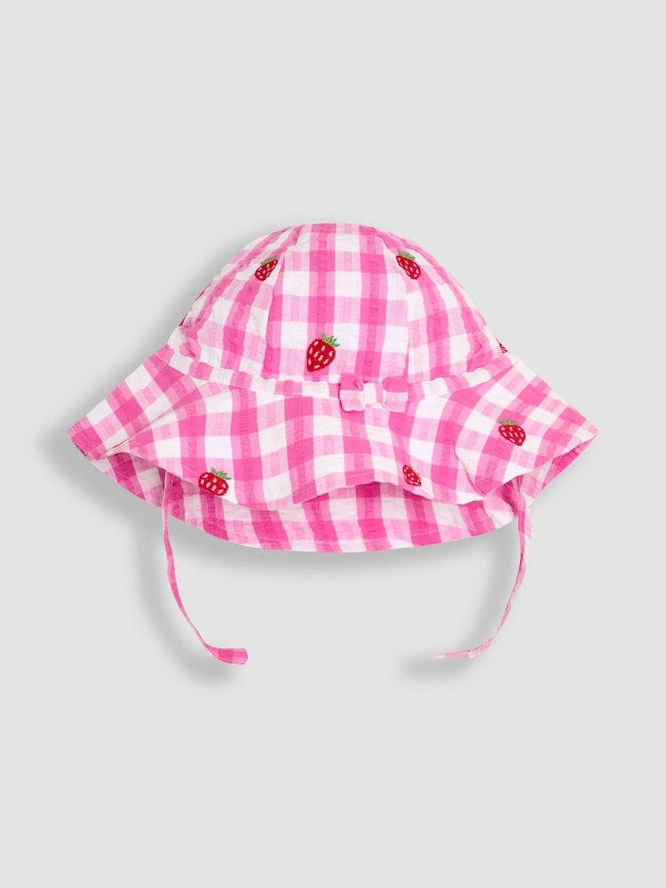 JoJo Maman Bébé Pink Strawberry Gingham Floppy Sun Hat - Image 1 of 3