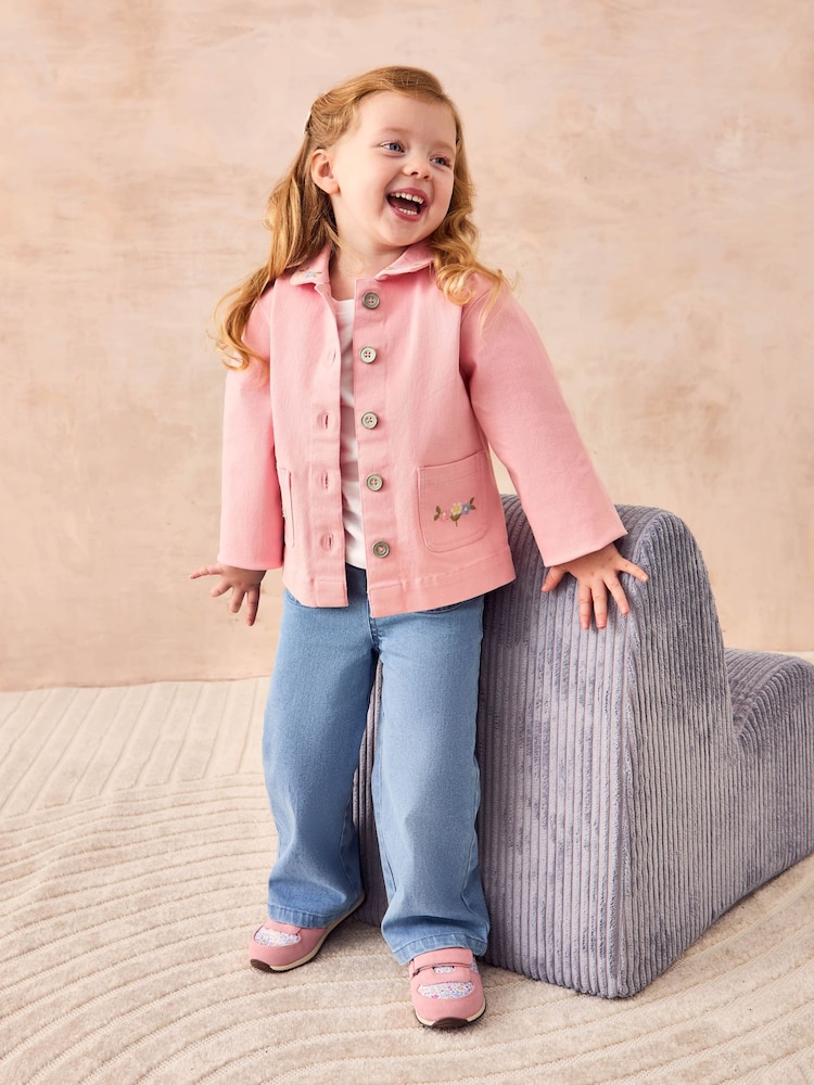 JoJo Maman Bébé Pink Floral Embroidered Collared Twill Jacket - Image 1 of 5