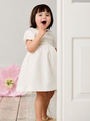 JoJo Maman Bébé Cream Smocked Puff Sleeve Cotton Satin Flower Girl Dress - Image 2 of 8