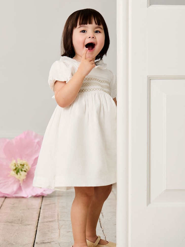 JoJo Maman Bébé Cream Smocked Puff Sleeve Cotton Satin Flower Girl Dress - Image 2 of 8