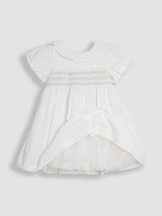 JoJo Maman Bébé Cream Smocked Puff Sleeve Cotton Satin Flower Girl Dress - Image 6 of 8