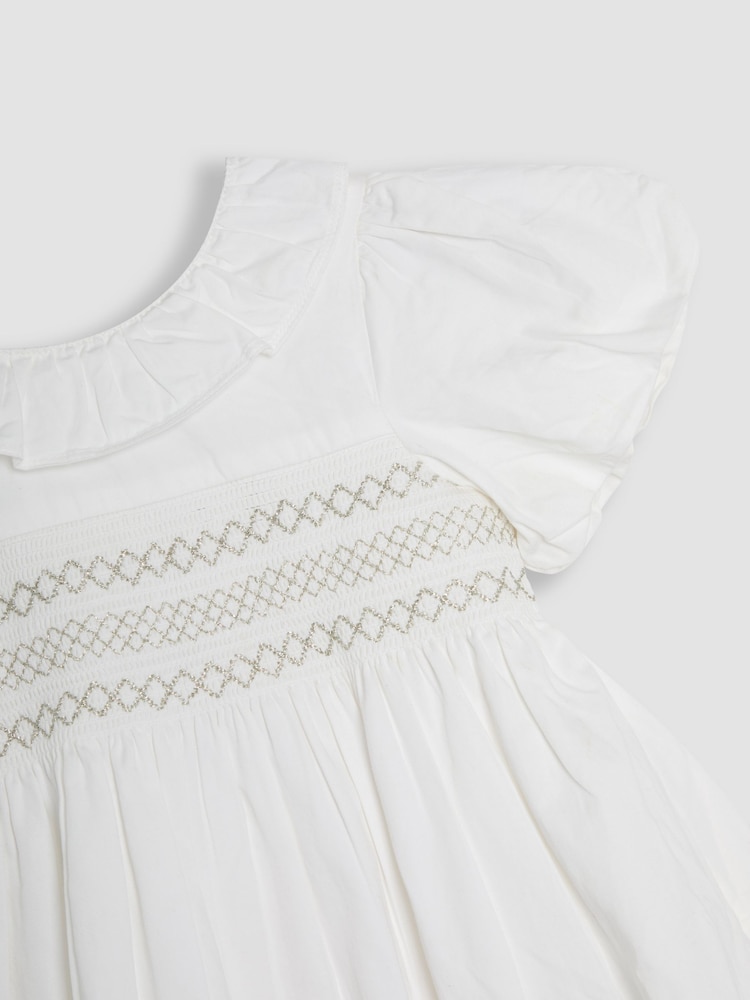 JoJo Maman Bébé Cream Smocked Puff Sleeve Cotton Satin Flower Girl Dress - Image 8 of 8