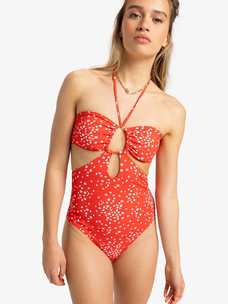 Roxy Red Ditsy Floral Print Halterneck One Piece Swimsuit - Image 1 of 5