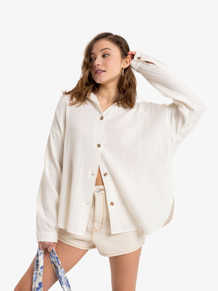Roxy Cream Morning Time Long Sleeve 100% Cotton Shirt - Image 1 of 6 Roxy Cream Morning Time Long Sleeve 100% Cotton Shirt - Image 1 of 6