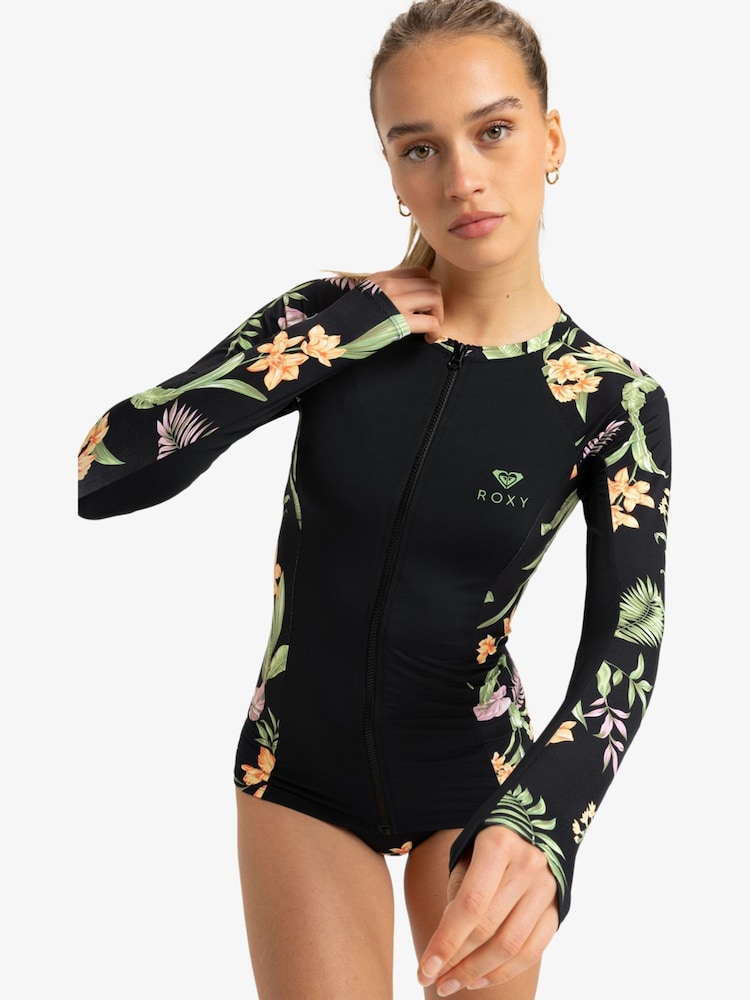 Roxy Black Tropical Print Long Sleeve Zip Logo Rash Vest - Image 1 of 5