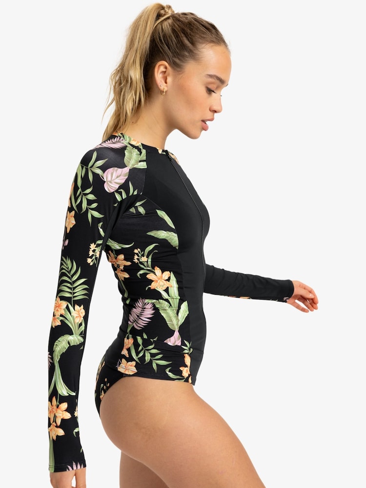 Roxy Black Tropical Print Long Sleeve Zip Logo Rash Vest - Image 3 of 5