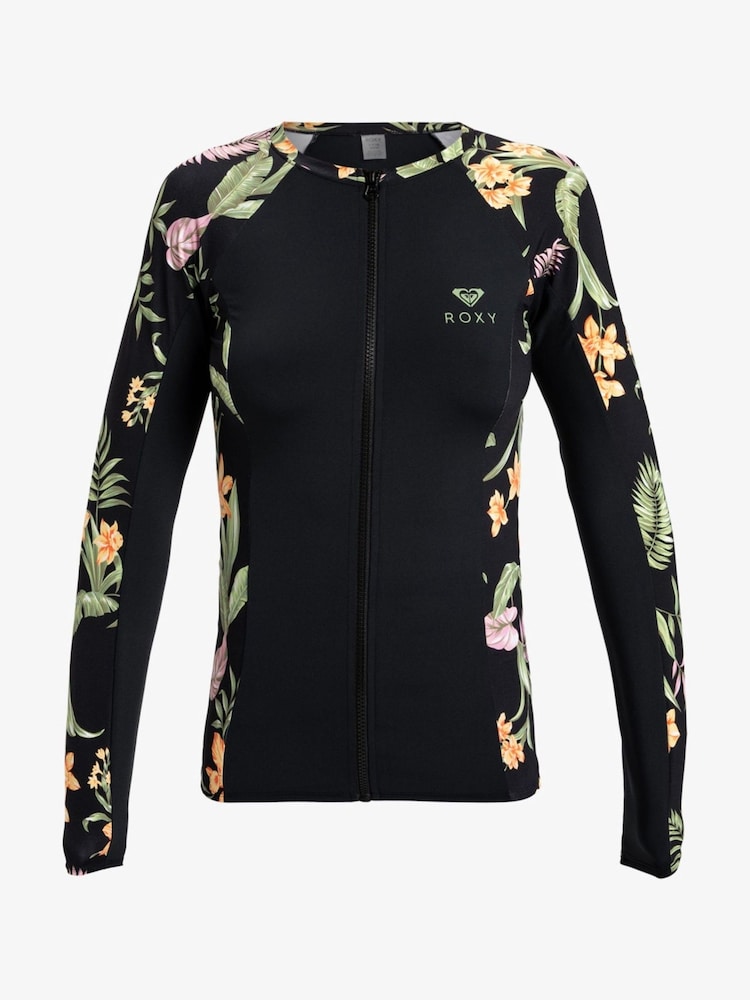 Roxy Black Tropical Print Long Sleeve Zip Logo Rash Vest - Image 5 of 5