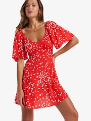 Roxy Red Ditsy Floral Print Mercado Mini Dress - Image 1 of 7