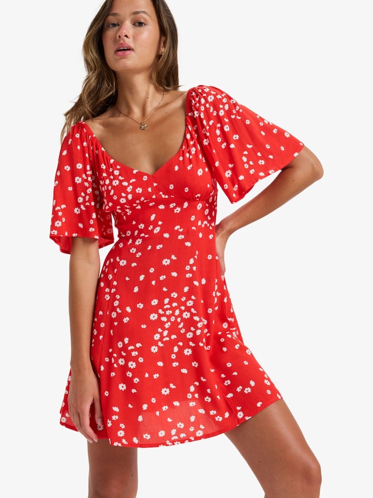 Roxy Red Ditsy Floral Print Mercado Mini Dress - Image 1 of 7
