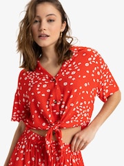 Roxy Red Ditsy Floral Print Salty Sweet Short Sleeve Crop Shirt - Image 1 of 5