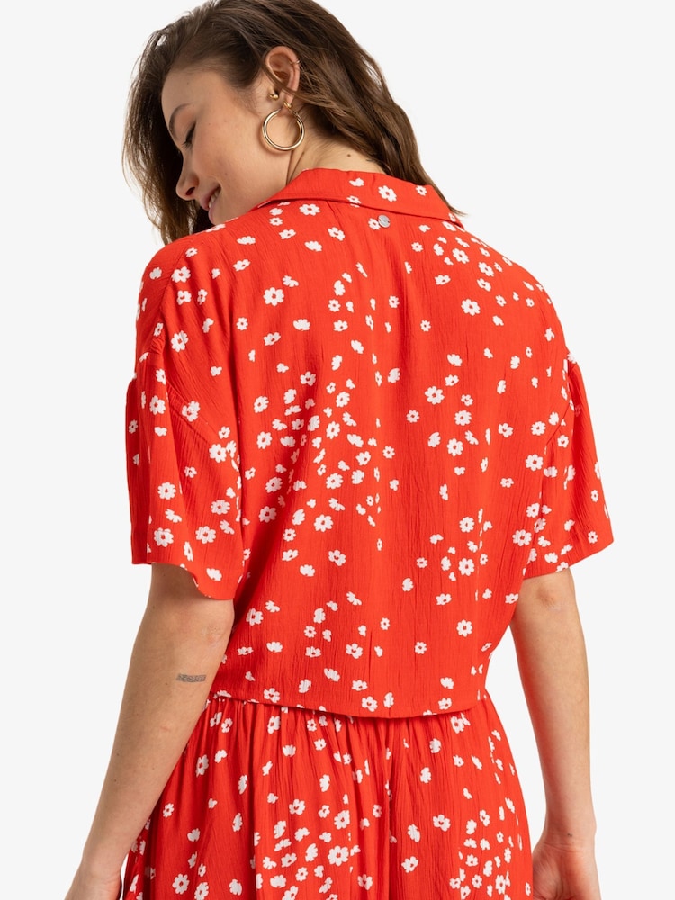 Roxy Red Ditsy Floral Print Salty Sweet Short Sleeve Crop Shirt - Image 2 of 5