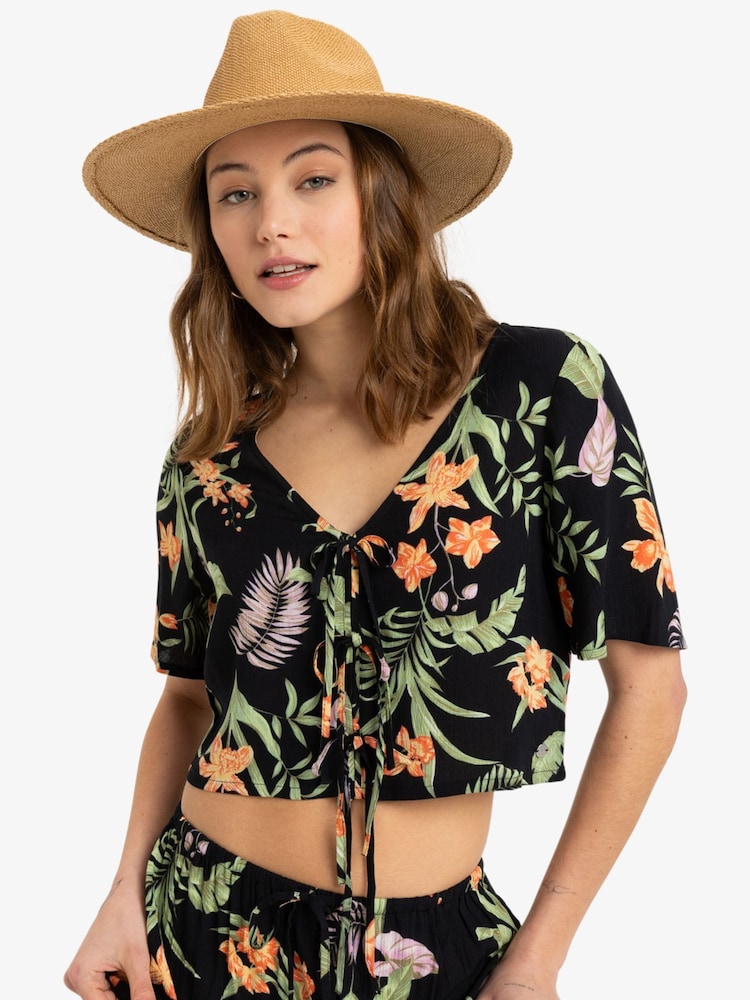 Blusa con lazo y estampado rosa de atardecer tropical de Roxy - Imagen 1 de 6