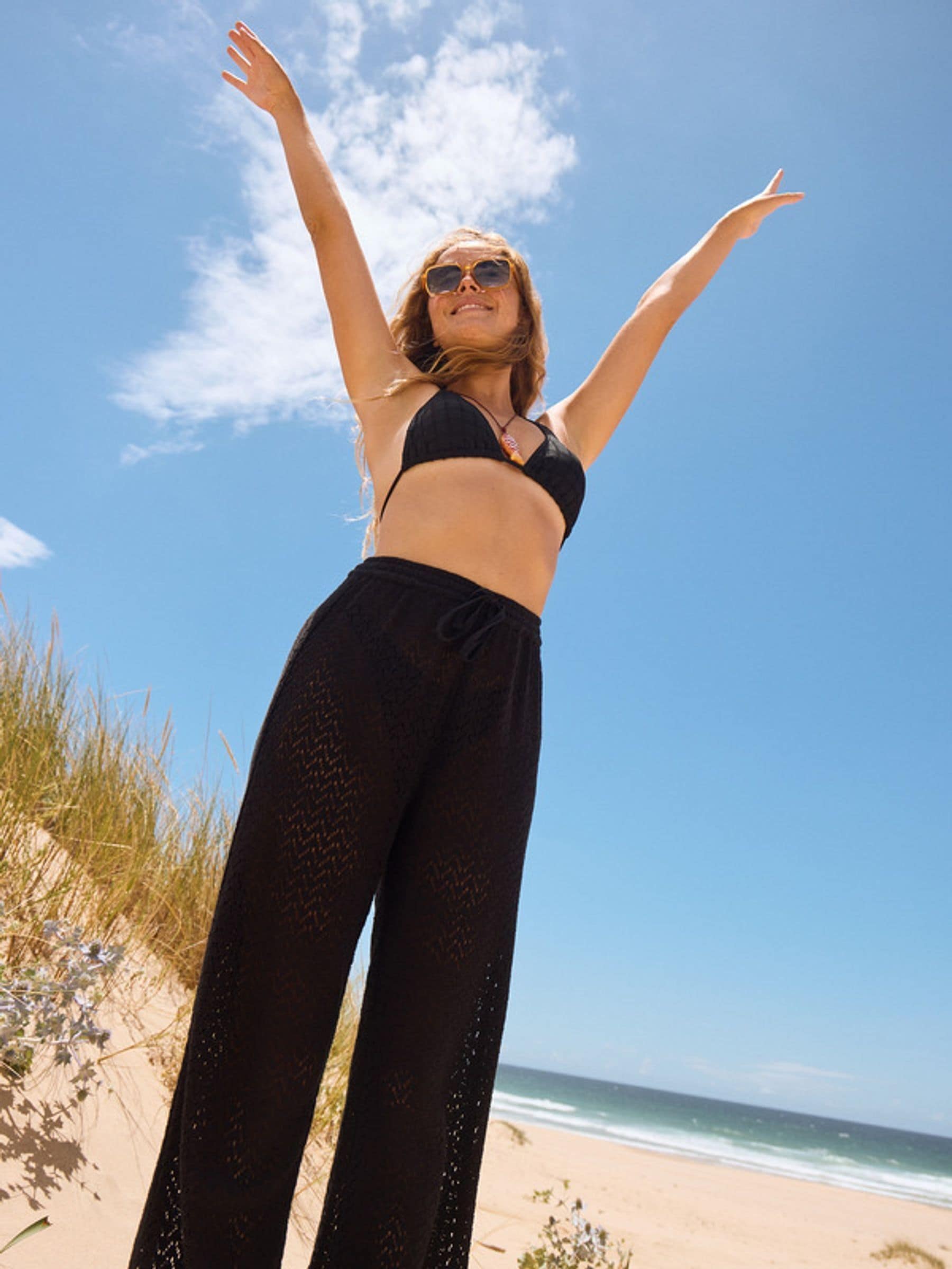 Buy Roxy Black Mood Moving Crochet 100% Cotton Trousers from Next USA