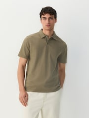 Khaki Green Crepe Textured Button Neck Polo Shirt - Image 1 of 7