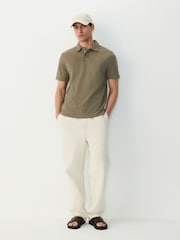 Khaki Green Crepe Textured Button Neck Polo Shirt - Image 2 of 7