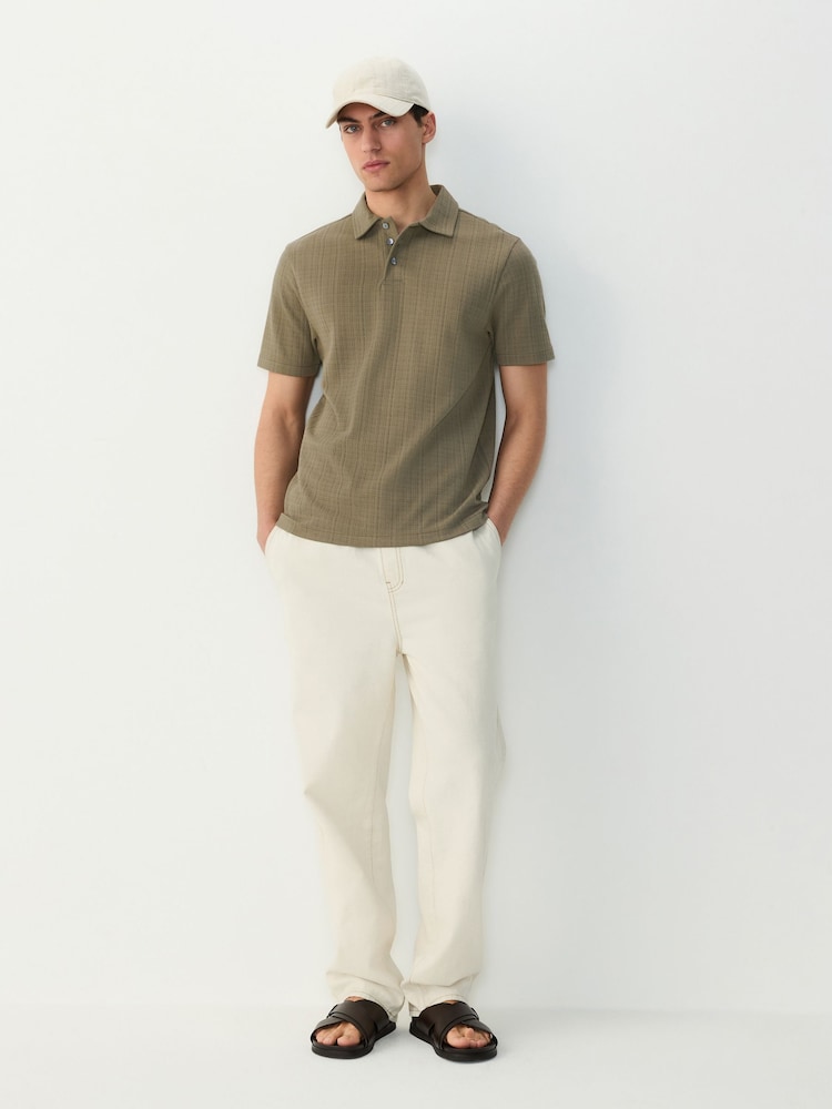 Khaki Green Crepe Textured Button Neck Polo Shirt - Image 2 of 7