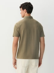 Khaki Green Crepe Textured Button Neck Polo Shirt - Image 3 of 7