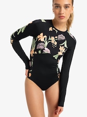 Roxy Black Tropical Print Long Sleeve Swimsuit 1 Piece - Image 1 of 5