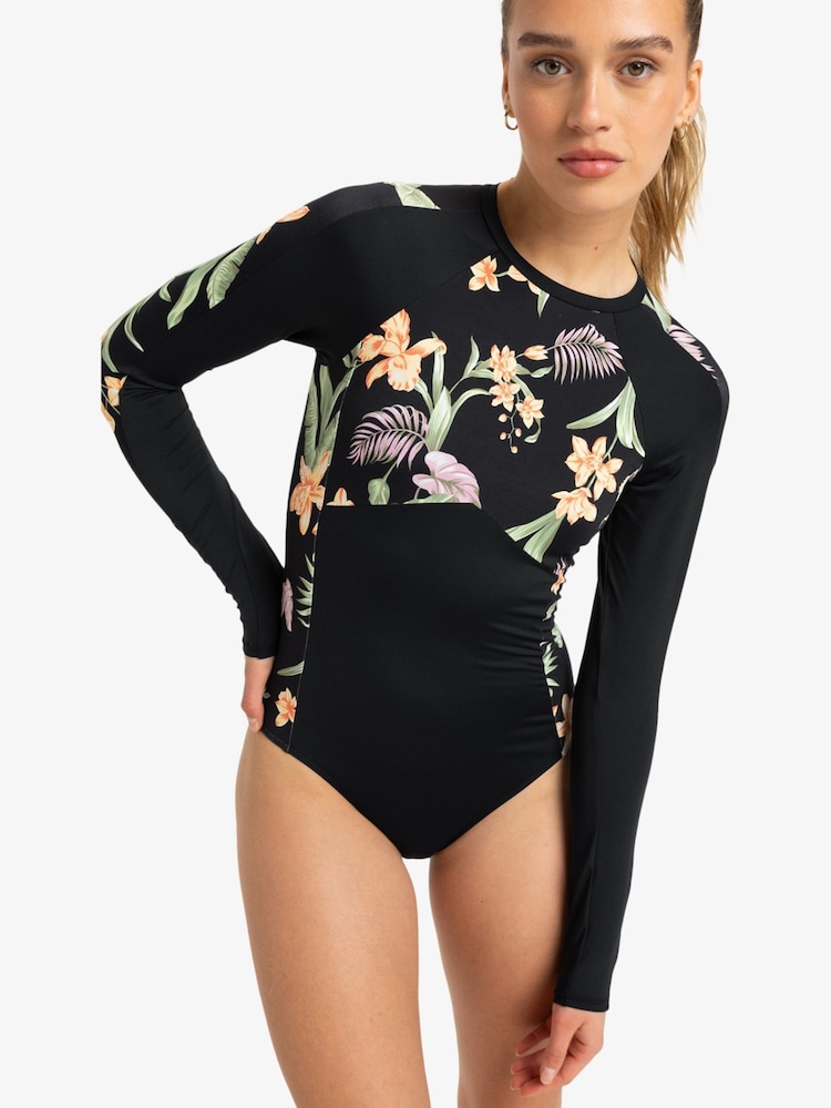 Roxy Black Tropical Print Long Sleeve Swimsuit 1 Piece - Image 1 of 5 Roxy Black Tropical Print Long Sleeve Swimsuit 1 Piece - Image 1 of 5