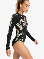 Roxy Black Tropical Print Long Sleeve Swimsuit 1 Piece - Image 3 of 5