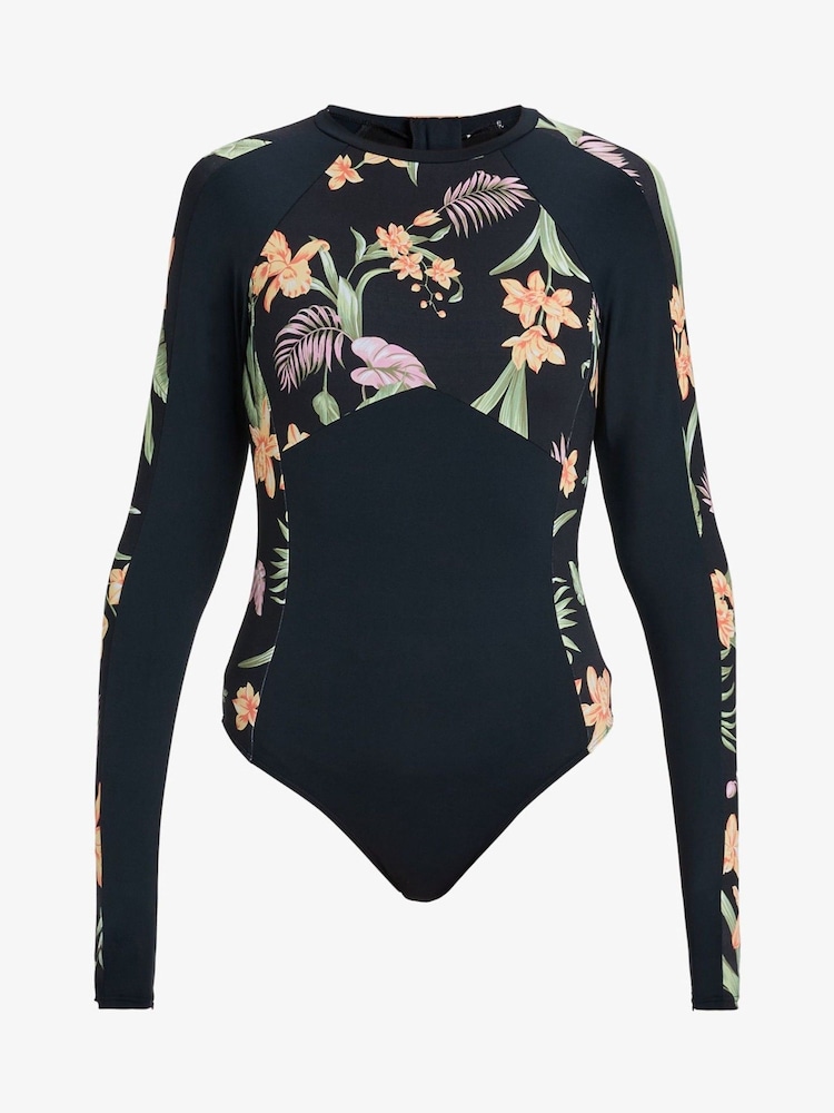 Roxy Black Tropical Print Long Sleeve Swimsuit 1 Piece - Image 5 of 5