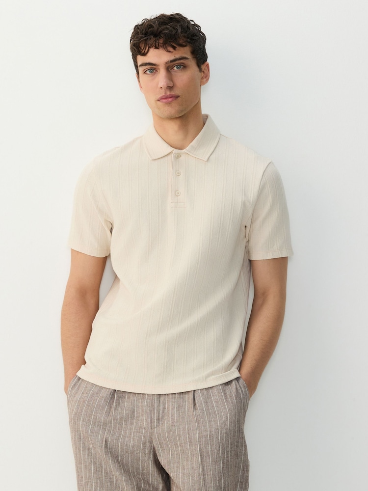 Ecru Regular Fit Textured Button Neck 100% Cotton Polo Shirt - Image 1 of 7 Ecru Regular Fit Textured Button Neck 100% Cotton Polo Shirt - Image 1 of 7