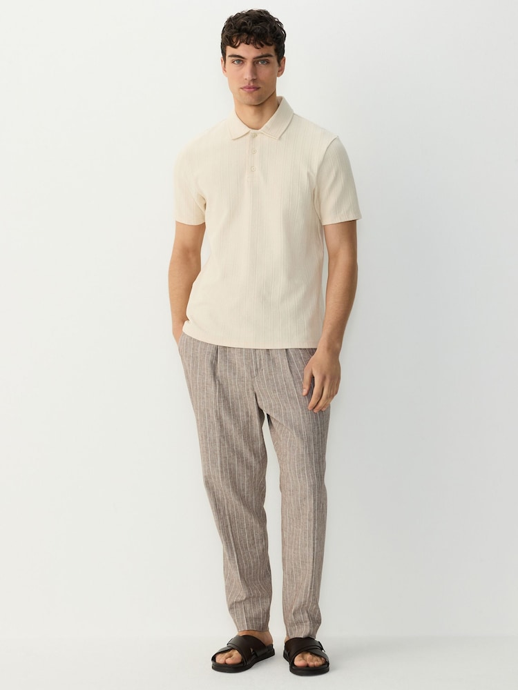 Ecru Regular Fit Textured Button Neck 100% Cotton Polo Shirt - Image 2 of 7 Ecru Regular Fit Textured Button Neck 100% Cotton Polo Shirt - Image 2 of 7
