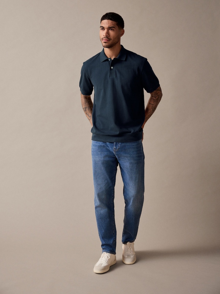 Marine - Textured Waffle Button Through 100% Cotton Polo Shirt - Bild 2 von 9