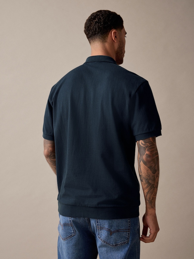 Bleumarin - Textured Țesătură de vafe Cu nasturi  100% Cotton Tricouri polo - Image 4 of 9