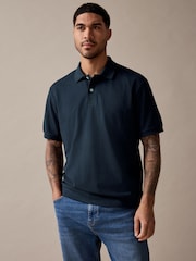 Marine - Textured Waffle Button Through 100% Cotton Polo Shirt - Bild 5 von 9
