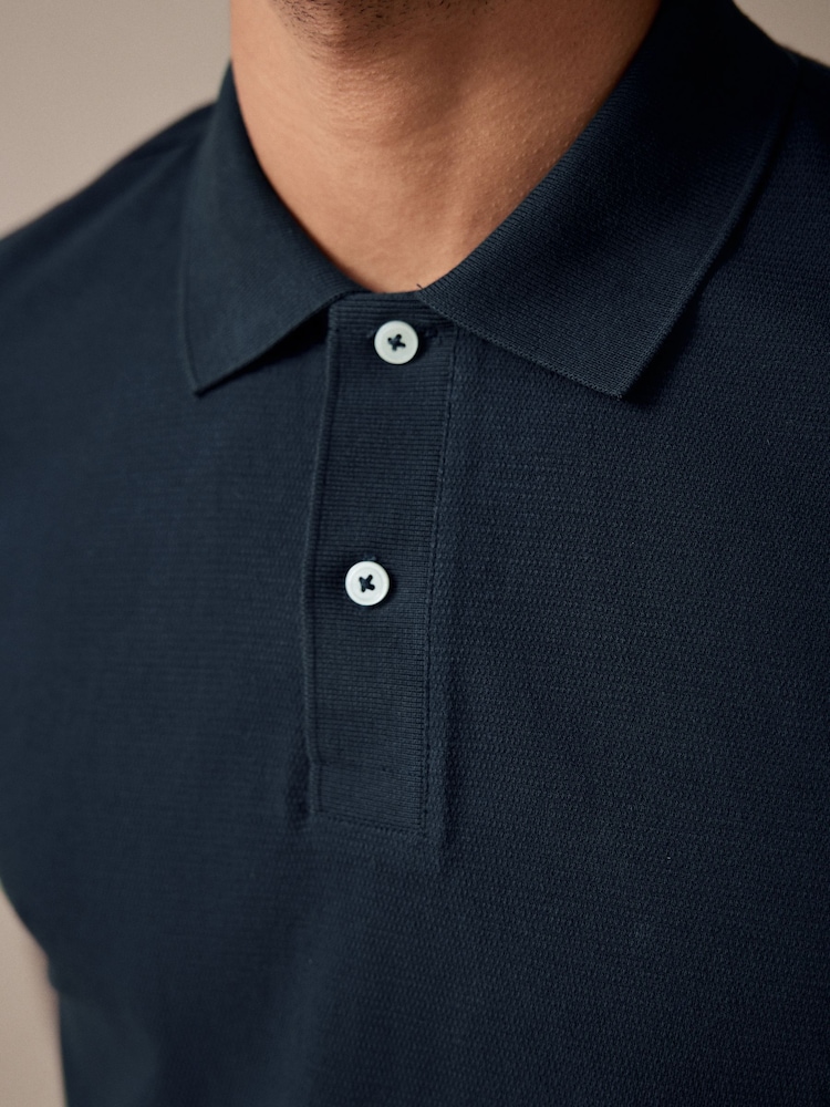 Bleumarin - Textured Țesătură de vafe Cu nasturi  100% Cotton Tricouri polo - Image 6 of 9
