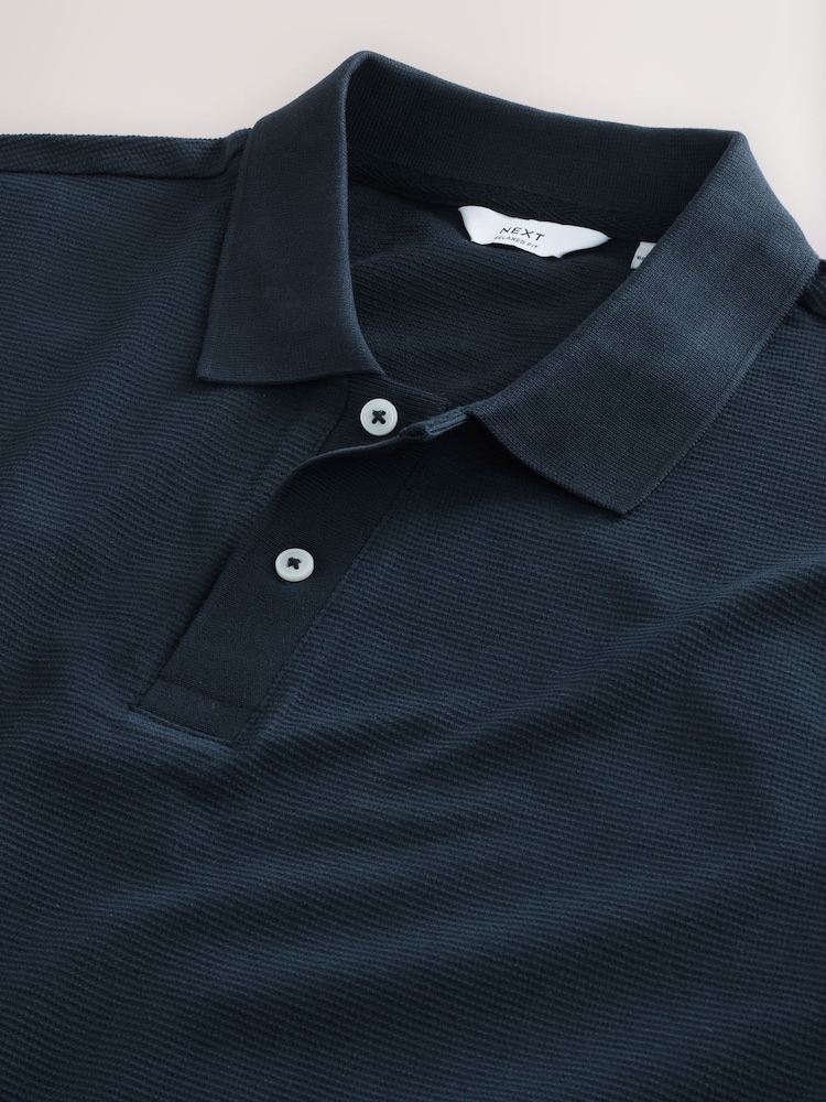 Marine - Textured Waffle Button Through 100% Cotton Polo Shirt - Bild 9 von 9