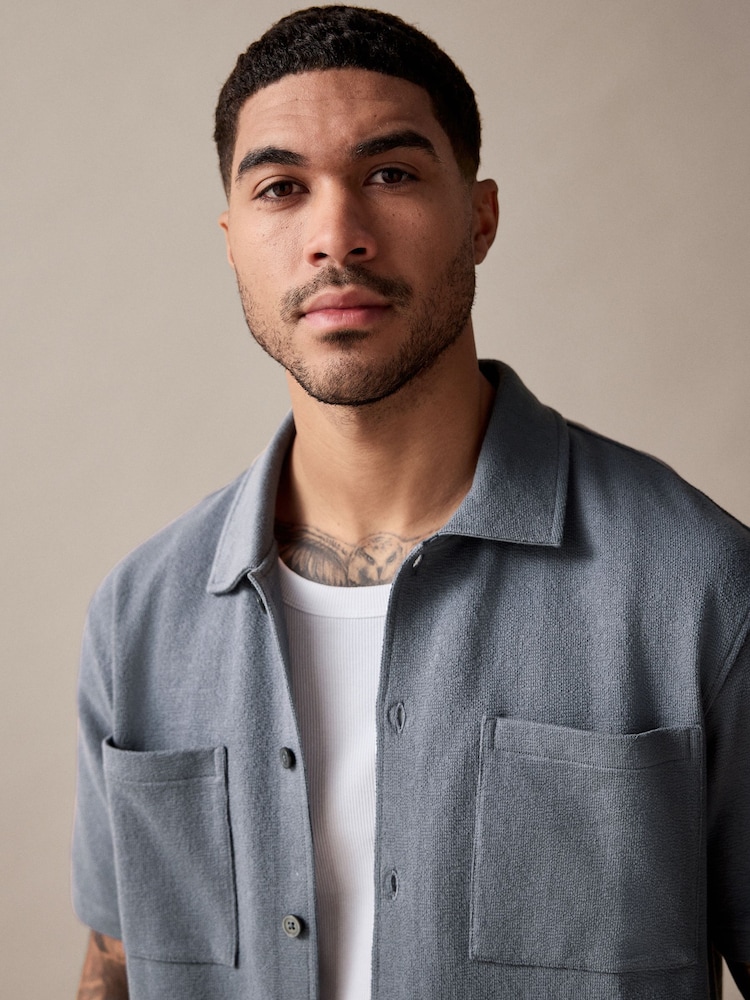 Blue Heavyweight Textured Jersey 100% Cotton Shirt - Image 1 of 10