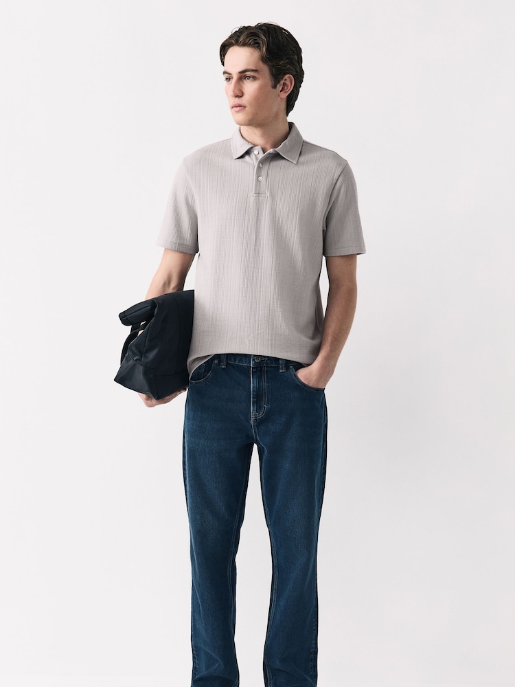 Grau - Crepe Textured Button Neck Polo Shirt - Bild 2 von 7