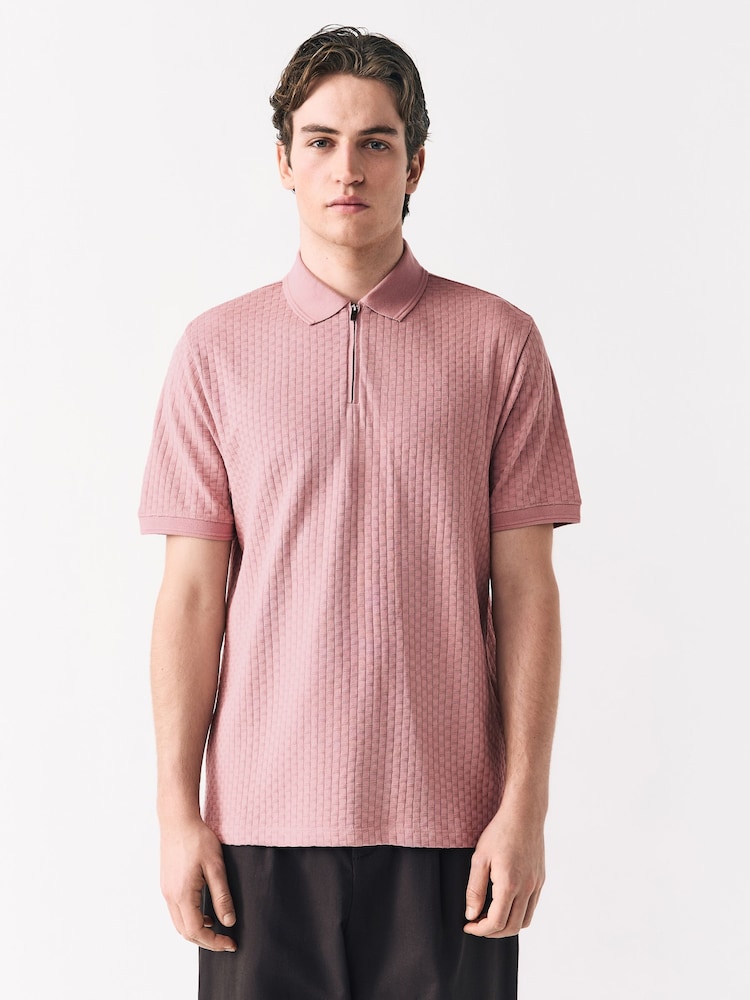 Pink Textured Zip Neck Polo Shirt - Image 2 of 7