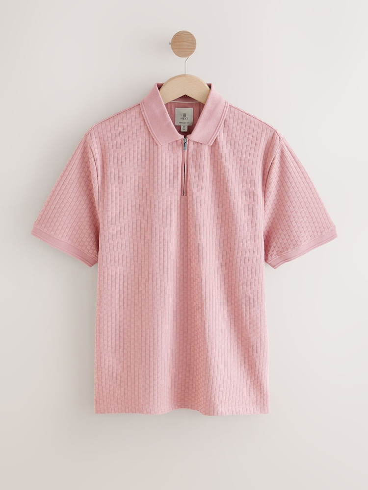 Pink Textured Zip Neck Polo Shirt - Image 5 of 7