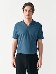Синий - Textured Cuban Collar 100% Cotton Polo Shirt - Image 1 of 8