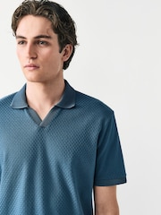 Синий - Textured Cuban Collar 100% Cotton Polo Shirt - Image 4 of 8