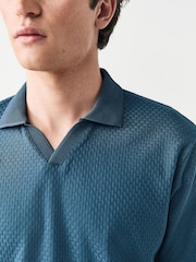 Синий - Textured Cuban Collar 100% Cotton Polo Shirt - Image 5 of 8