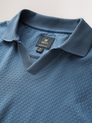 Синий - Textured Cuban Collar 100% Cotton Polo Shirt - Image 7 of 8